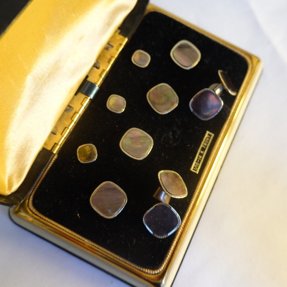 Men's 14k Gold Filled Front Cufflinks and Studs- 9 Piece Art Deco Set
